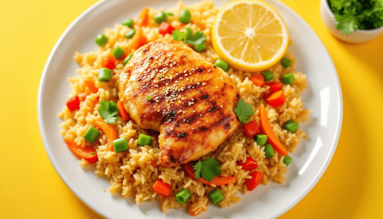 A plate of quick and easy chicken dinner featuring fried rice and vegetables.