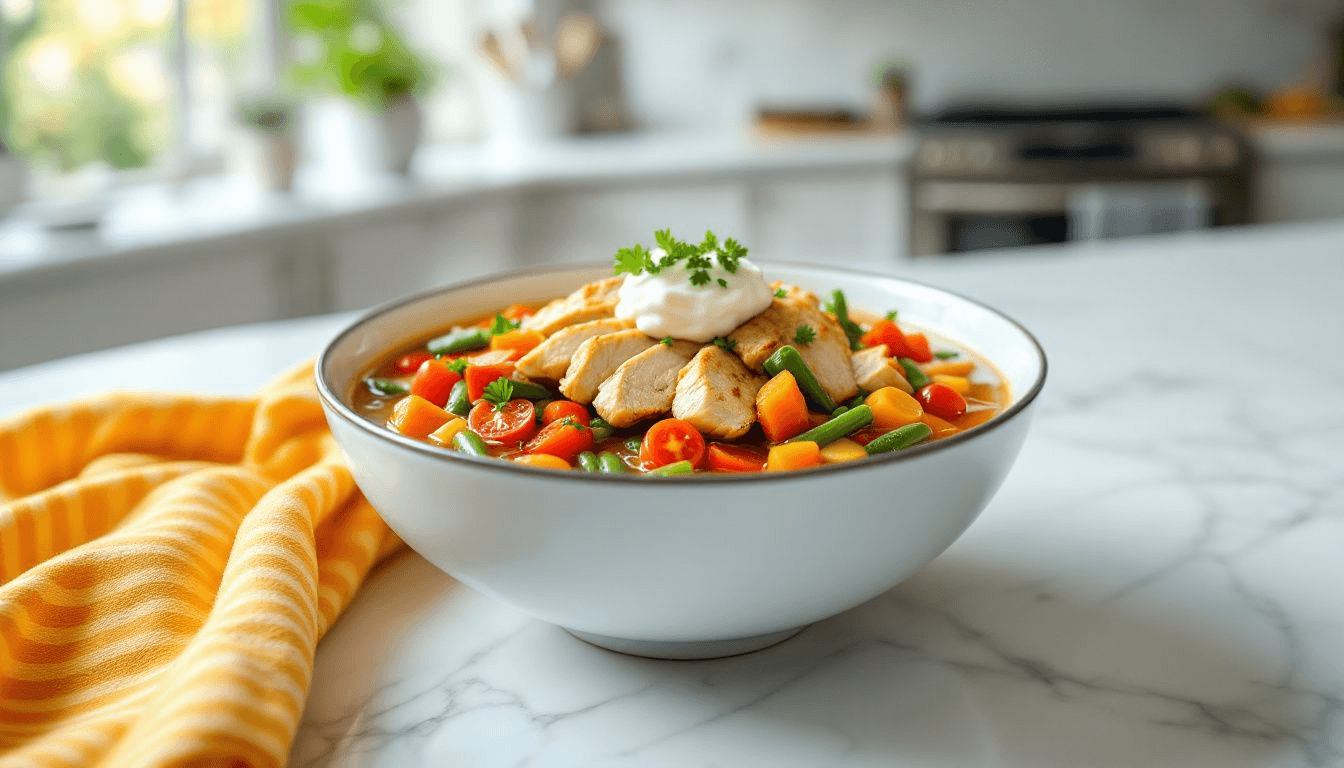 A hearty serving of soup with vegetables and chicken, perfect for a quick and easy dinner.