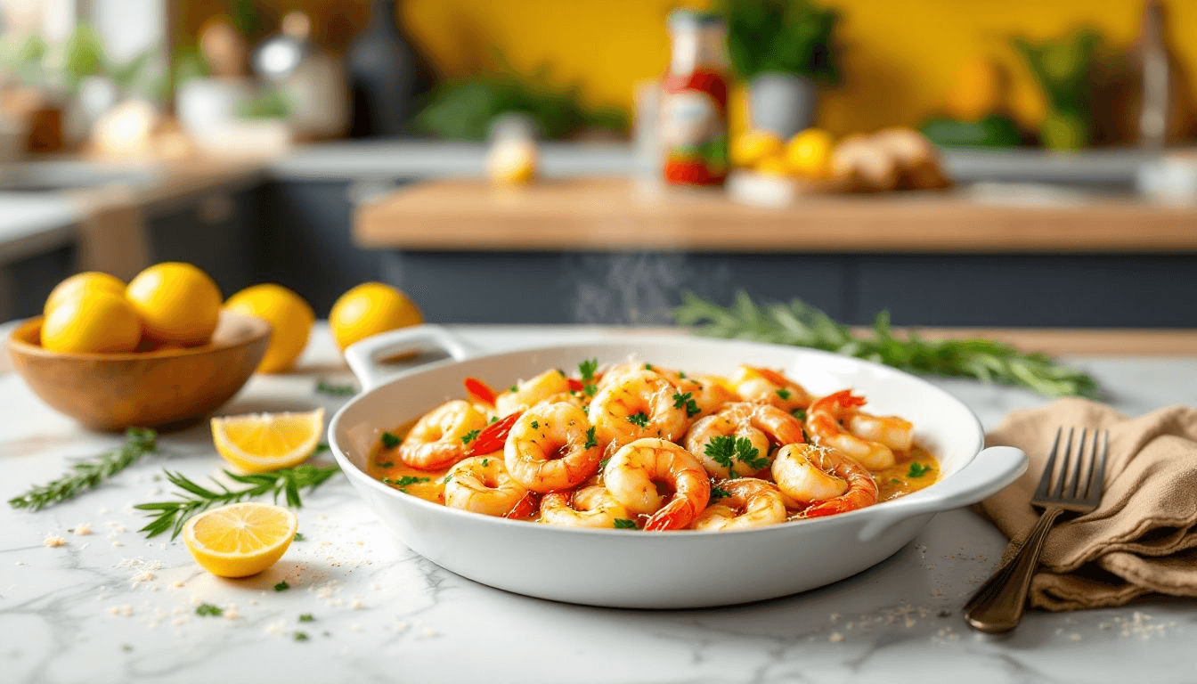 Flavorful seafood dish showcasing garlic butter shrimp scampi.