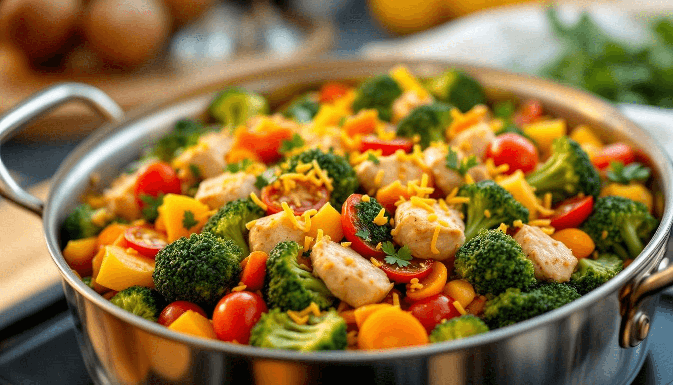 A colorful one-pot meal featuring various vegetables and chicken.